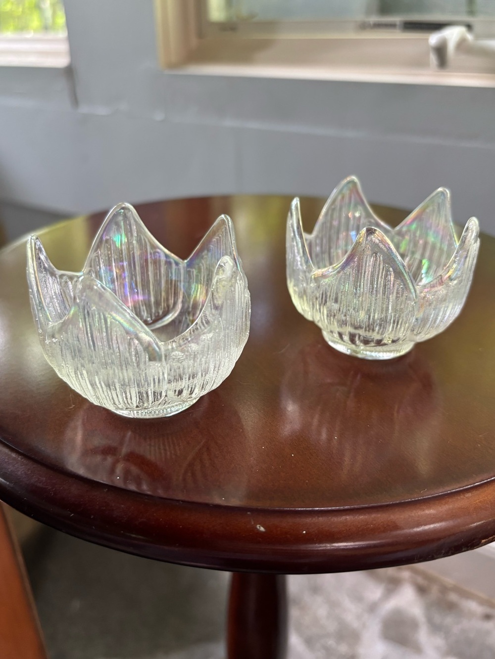 Vintage iridescent glass tulip design tea candle holders